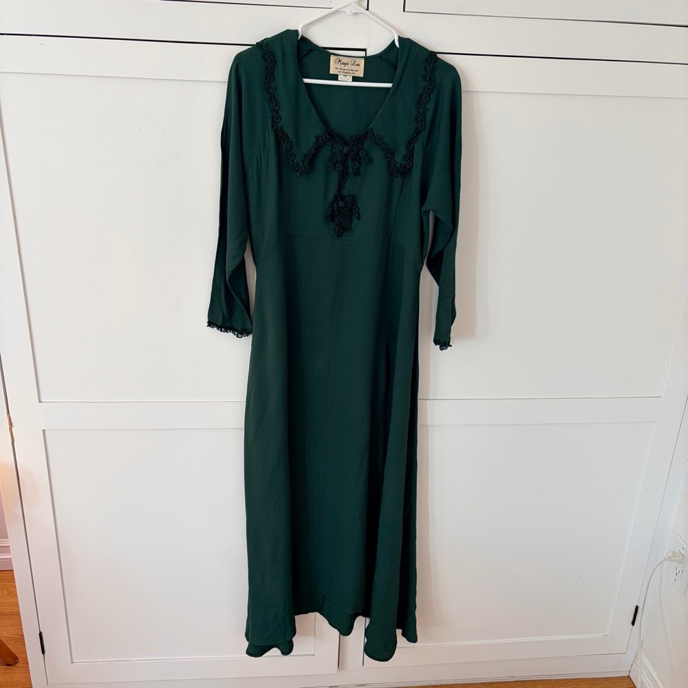 Vintage Margot Lea Green Collar Aplique Long Sleeve Maxi Dress Size Medium